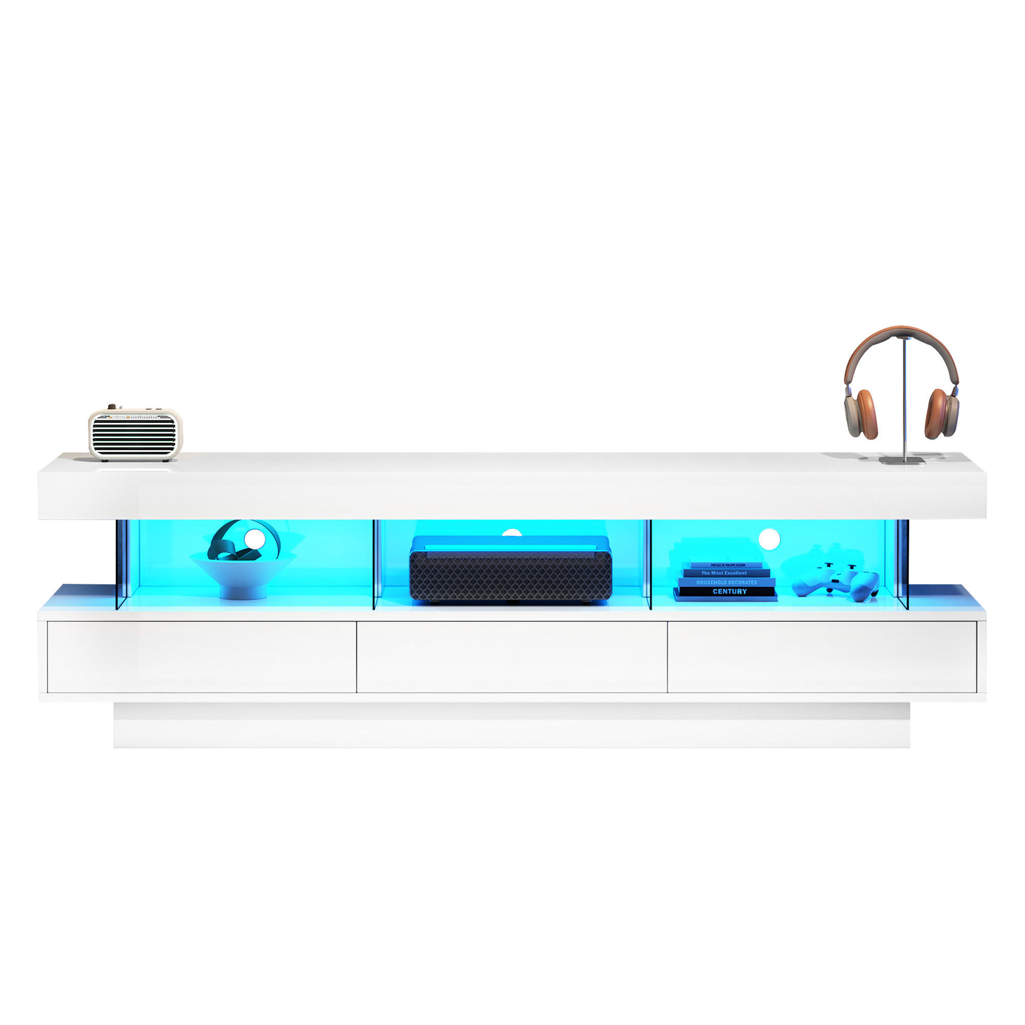 TV-SCHRANK weiß mit Hochglanzoberfläche, App-gesteuerter LED-Beleuchtung und Glasfächern 160 × 38 × 50,5 cm - Weiß, Holzwerkstoff (160/50.5/38cm) - Luhomfu