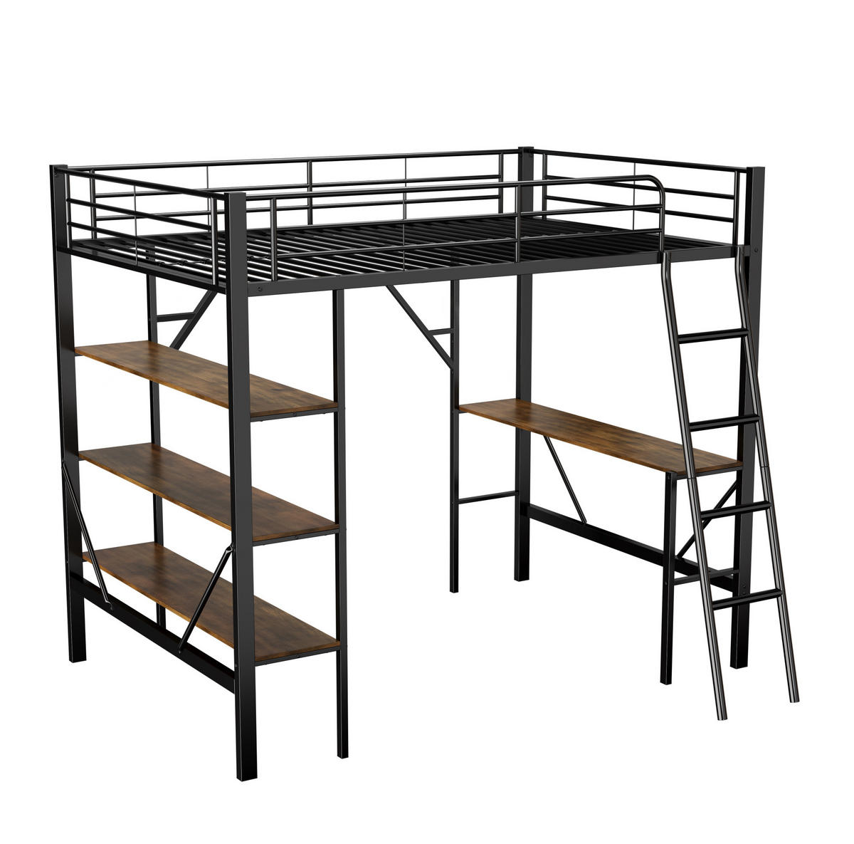 VISOKI krevet 90/200 cm s radnim stolom i 3 velike police, metalni okvir, Crna - crna, metal (90/200cm) - Redom