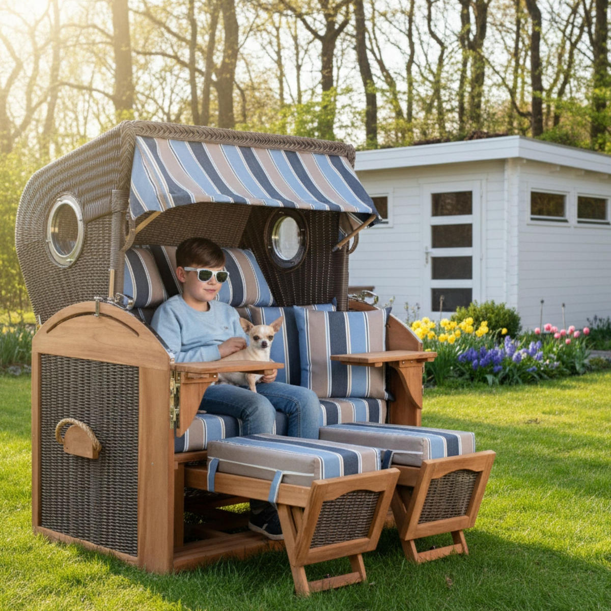 STRANDKORB XL Schillig Bullauge - Blau/Braun, Metall (142/170/95cm) - Mr. Deko