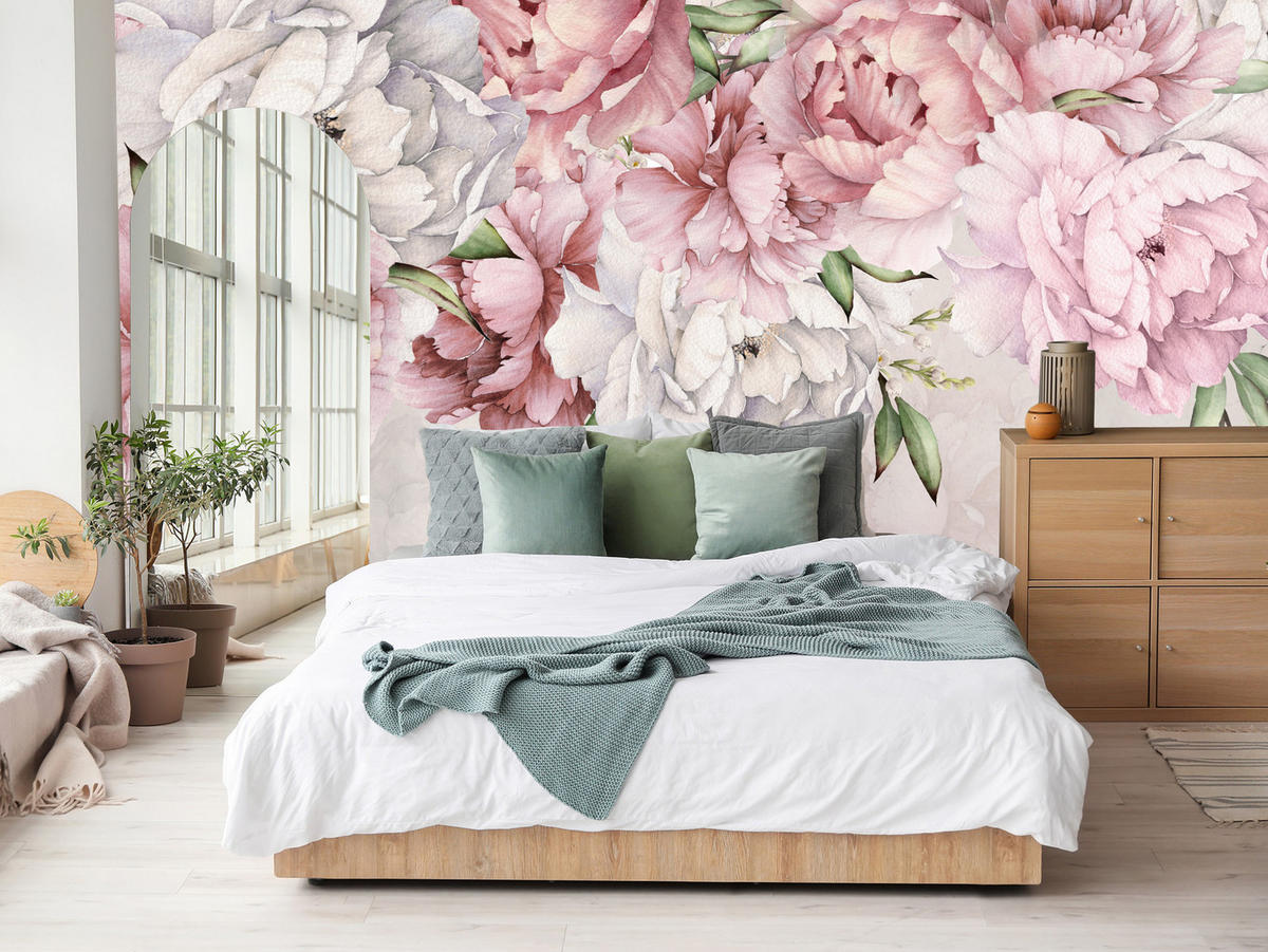 FOTOTAPETE für Schlafzimmer Rosa Zarte Pfingstrosen Natur 100x70 - Violett/Rosa, Papier (100/70cm) - Muralo