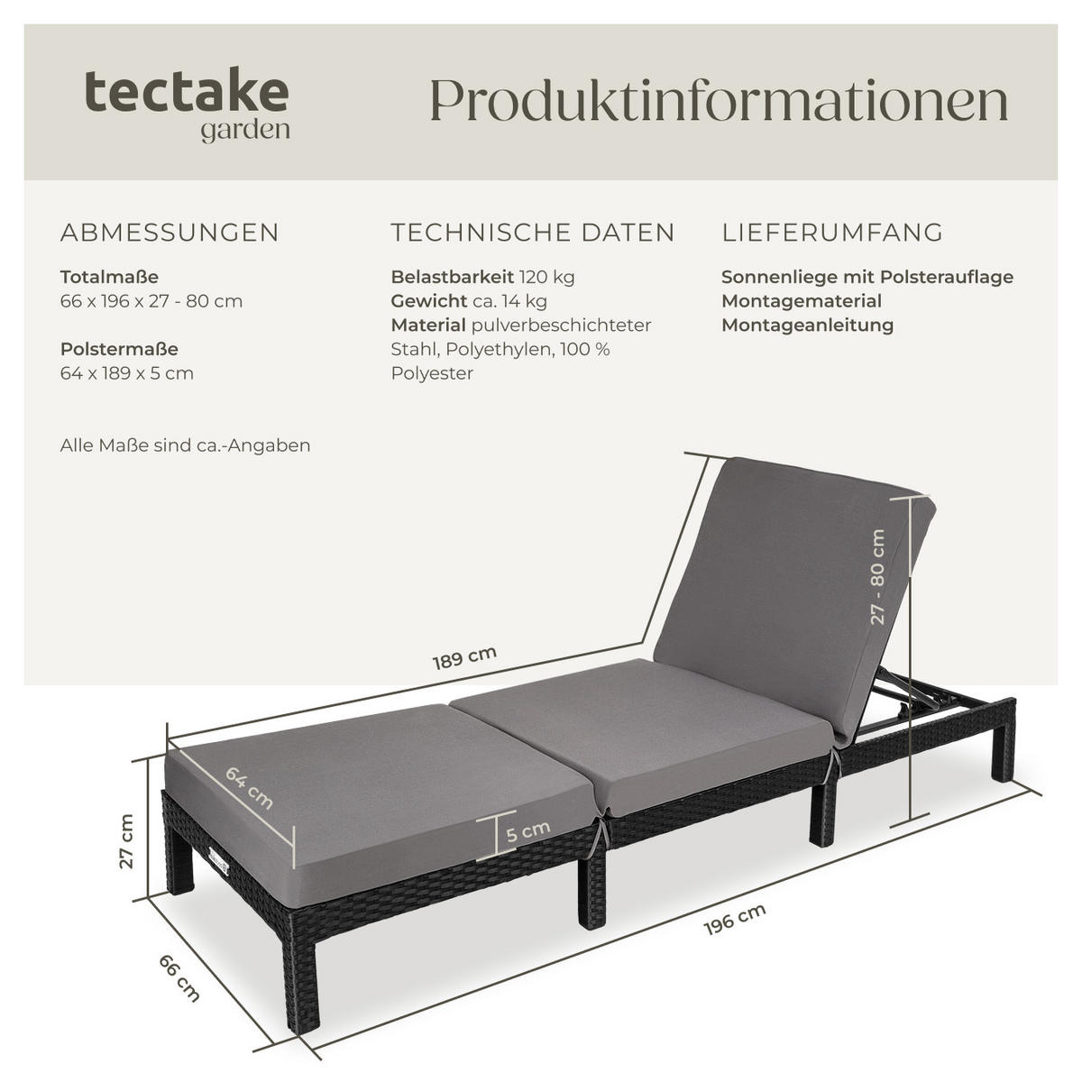 RATTAN-SONNENLIEGE Sofia, 196 x 66 x 27 cm, schwarz - Schwarz, Kunststoff (66/27/196cm) - tectake