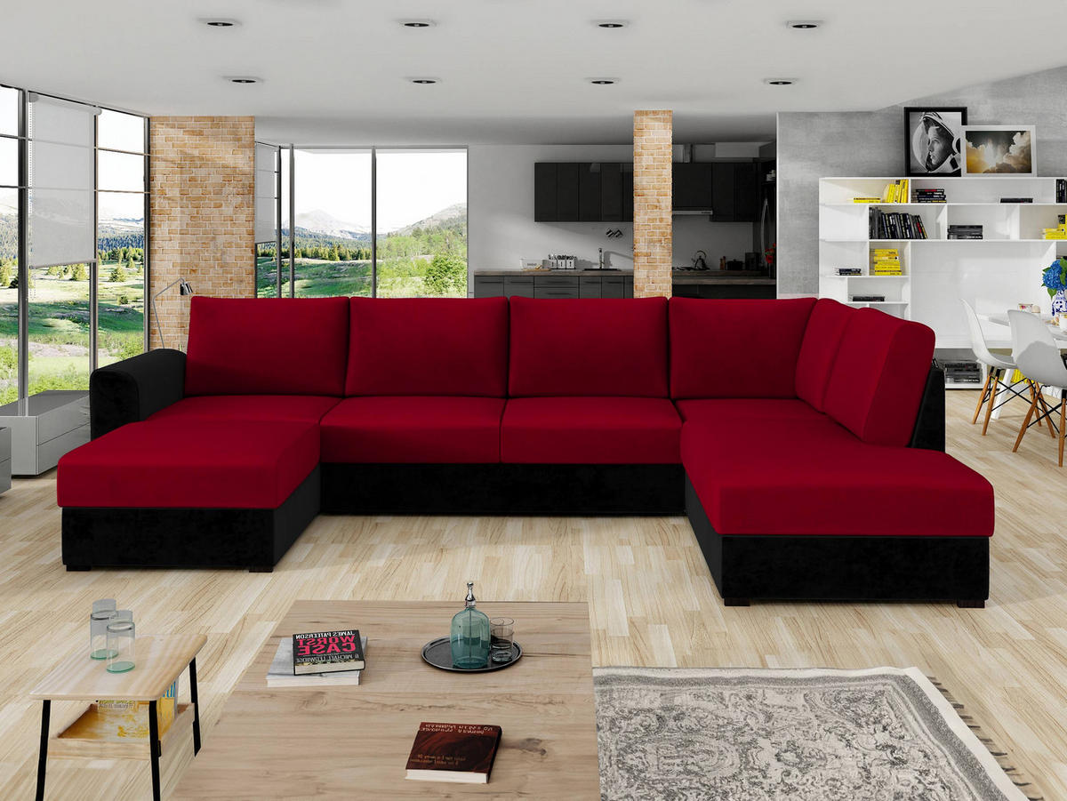 WOHNLANDSCHAFT Wilma Premium, Seite: Rechts - Rot/Schwarz, Holz/Textil (305/85/188cm) - MIRJAN24