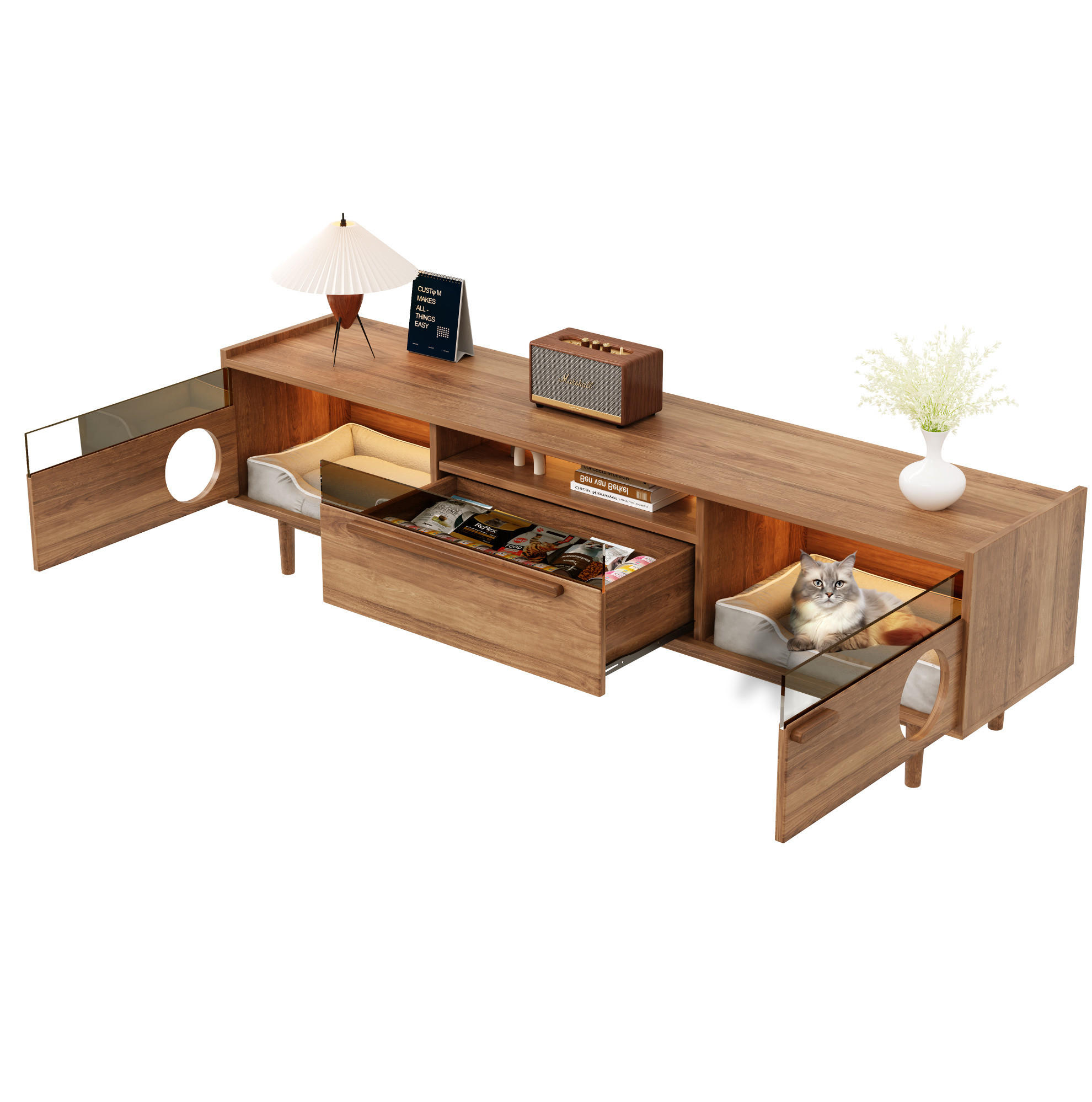 TV-SCHRANK 180/40/50 cm Nussbaum MDF mit LED-Beleuchtung und Katzenruheraum - Walnussfarben, Holzwerkstoff (180/50/40cm) - OKWISH
