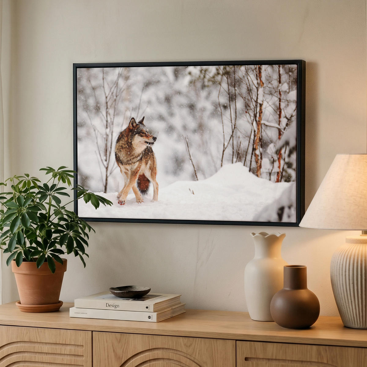 LEINWAND Bilder mit Rahmen - Wolf - Winter - Schnee - Natur - Tiere - 60x40 - Haselnussfarben, Textil (60/40cm) - MuchoWow
