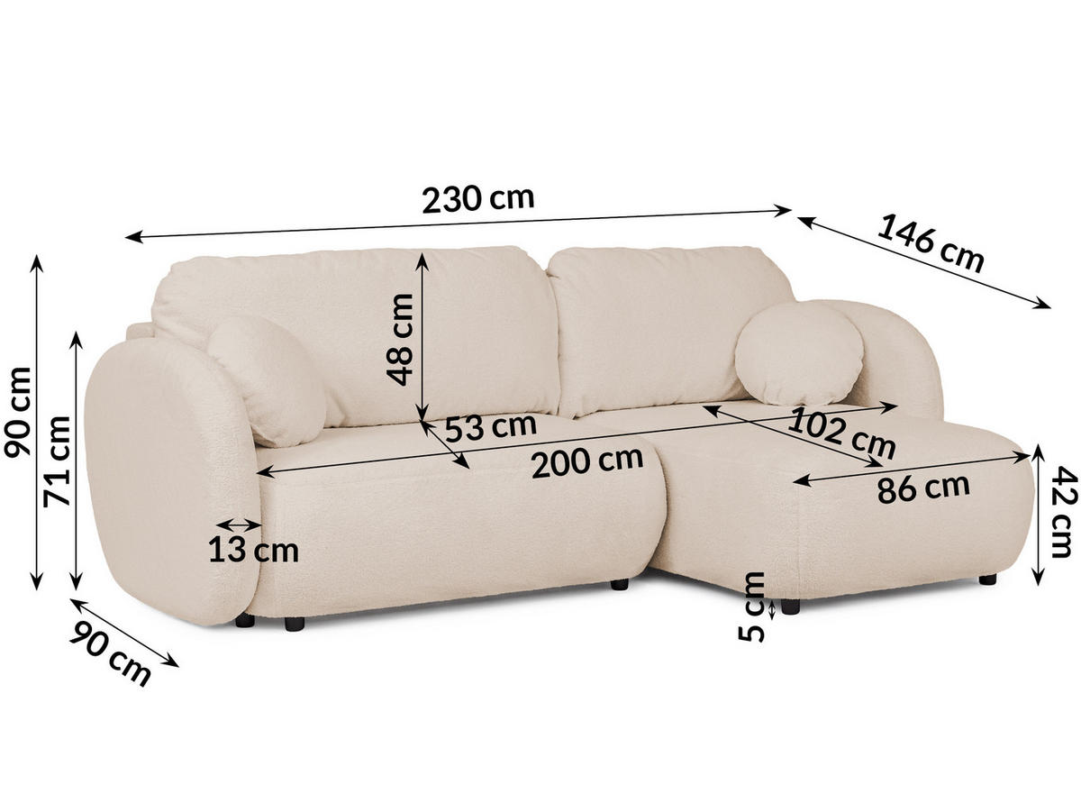 ECKSOFA Candy mit Schlaffunktion Hellbeige Bouclé-Stoff - Ottomane rechts - Beige/Schwarz, Holz/Kunststoff (146/230cm) - S-Style Möbel