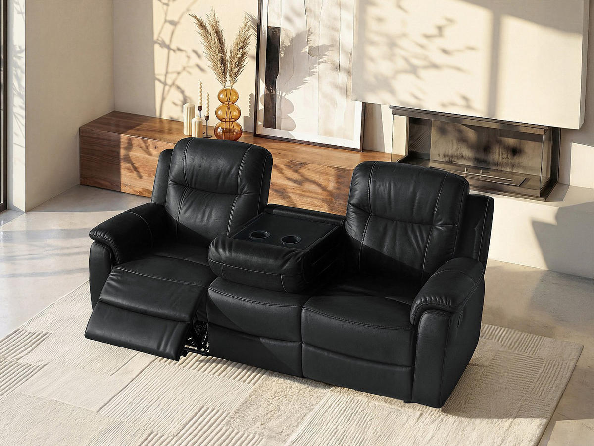 RELAXSOFA - 3 Personen - Leder - Schwarz - - Schwarz, Leder (205/100/96cm) - Vente-Unique