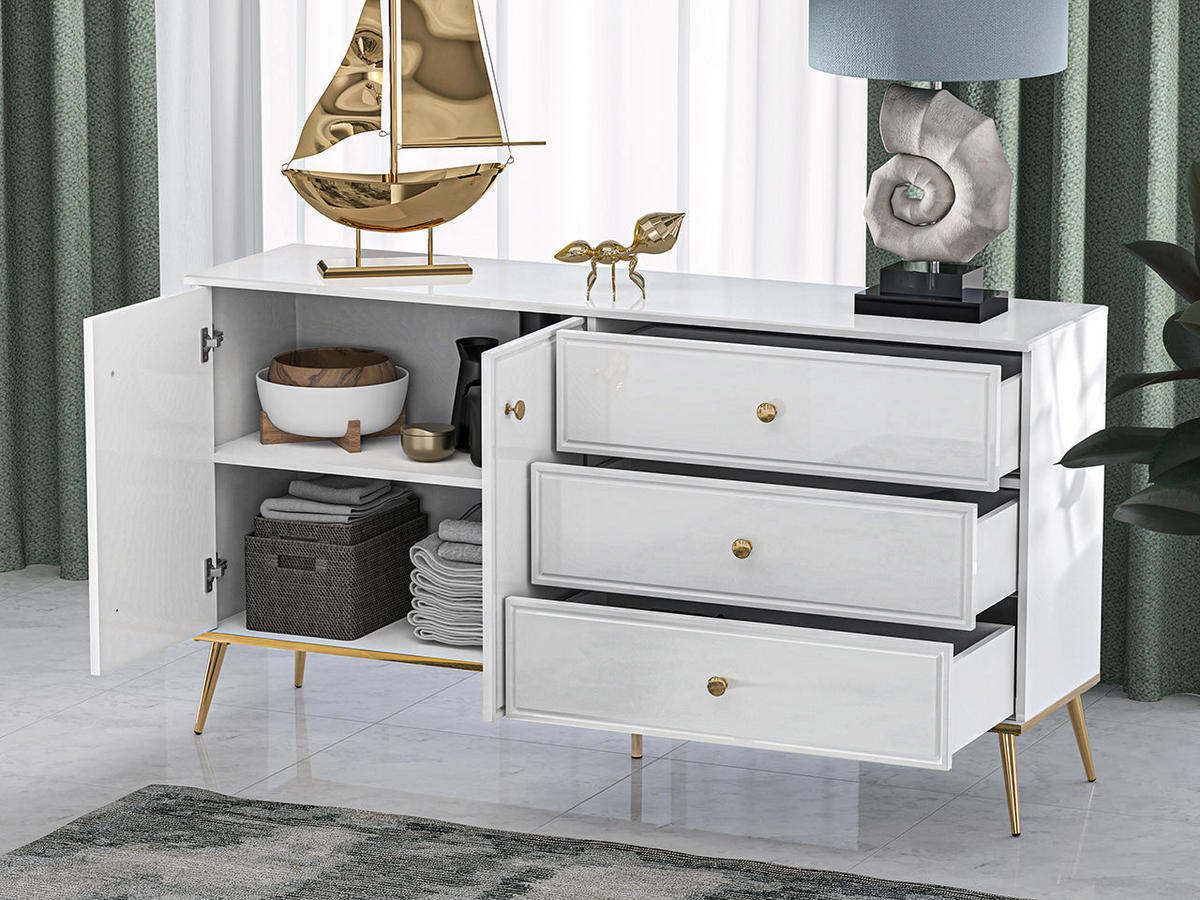 KOMMODE – 120 cm – Goldin – Weiß Hochglanz – KM-023 - Weiß Hochglanz, Holzwerkstoff (120/85/40cm) - hi-markt