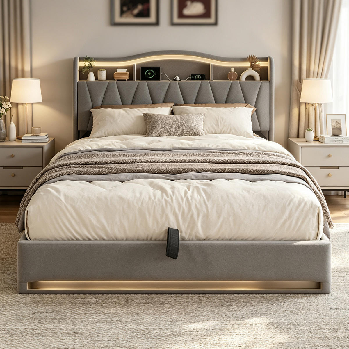 POLSTERBETT 140x200 mit stauraum, doppelbett mit LED, Bettkasten, Lattenrost, USB, Kopfteil, Samtstoff, Grau - Grau, Holz/Textil (140/200cm) - GENKI LIVING