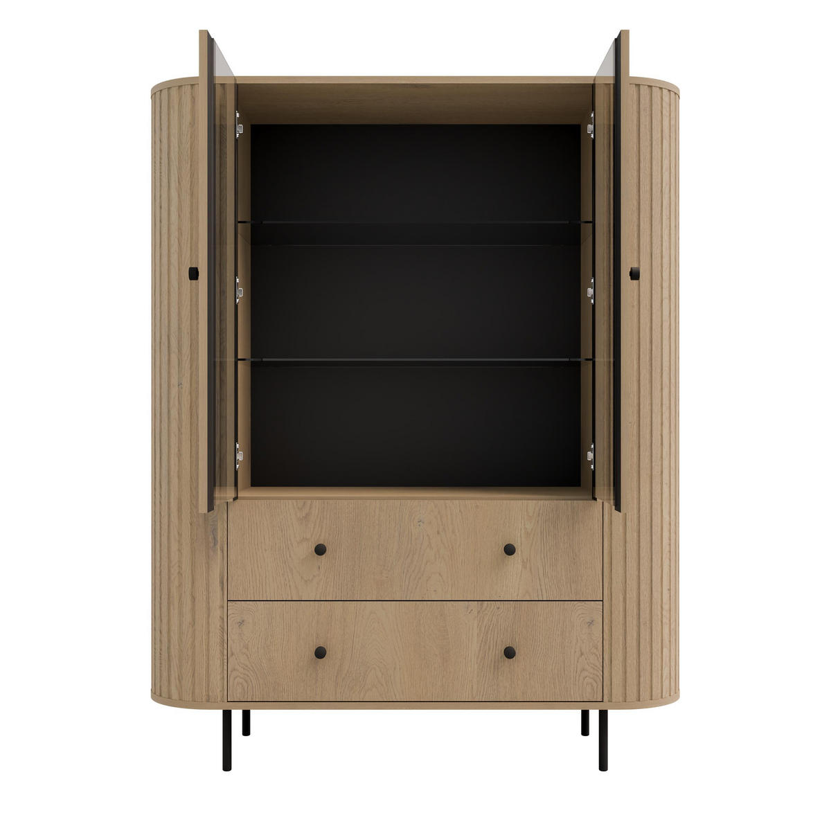VITRINE Halay Eiche Cremona, 2 Türen & 2 Schubladen Moderne Rillenstruktur, mit runden Kanten - Eichefarben/Schwarz, Holzwerkstoff/Metall (123/155/42.3cm) - AX Living