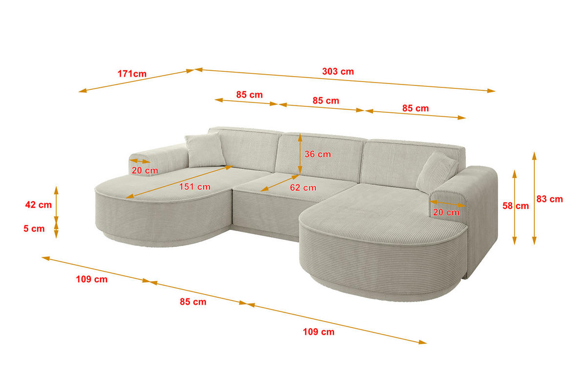 WOHNLANDSCHAFT MARI-U1-v3 - 303x171x83 cm Hellgrau Cord - Hellgrau/Schwarz, Holzwerkstoff/Kunststoff (303/83/171cm) - ALTDECOR