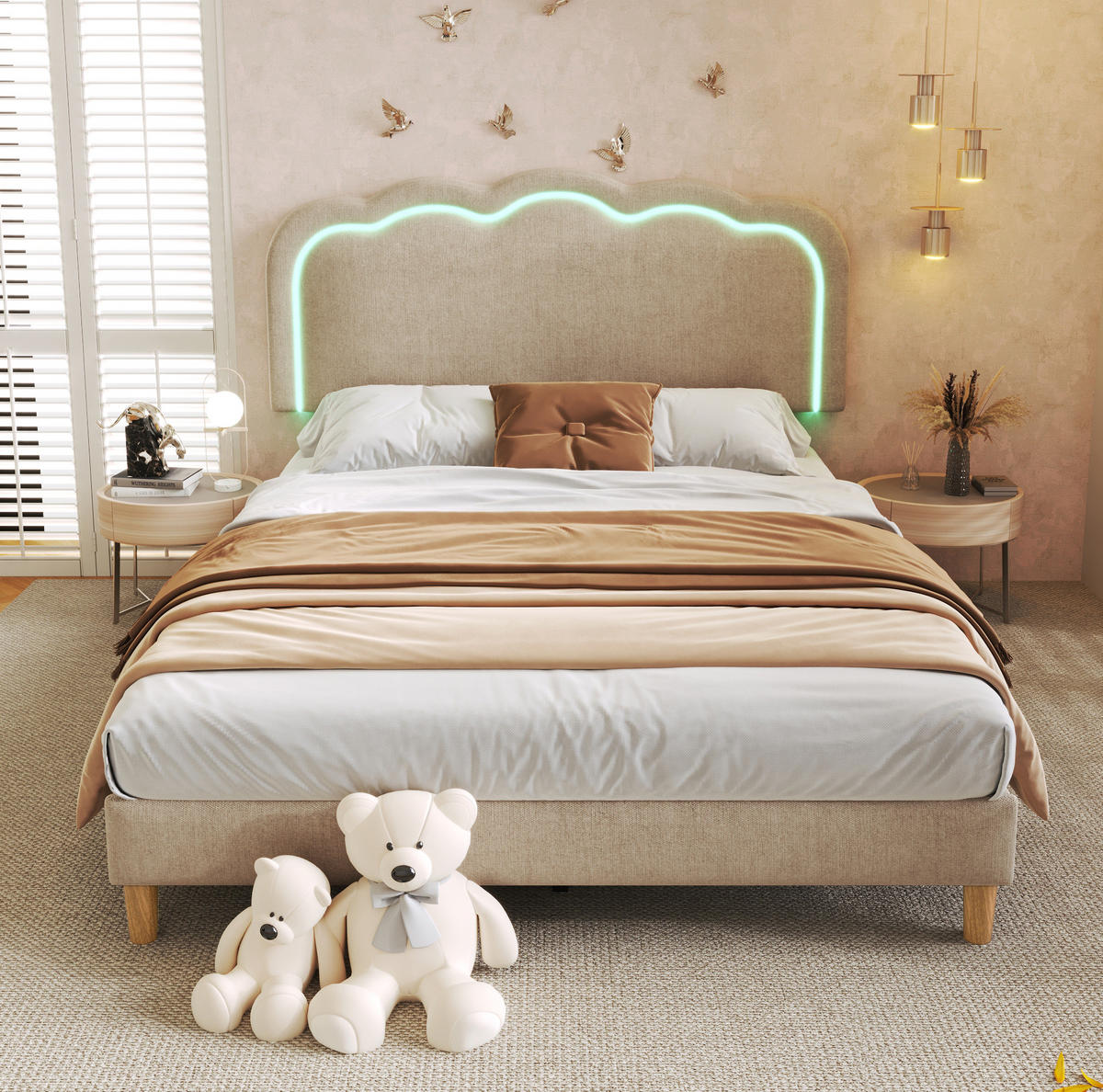 POLSTERBETT mit LED-Beleuchtung 140/200 cm, verstellbares Kopfteil, Beige - Beige, Textil (140/200cm) - BEAOK