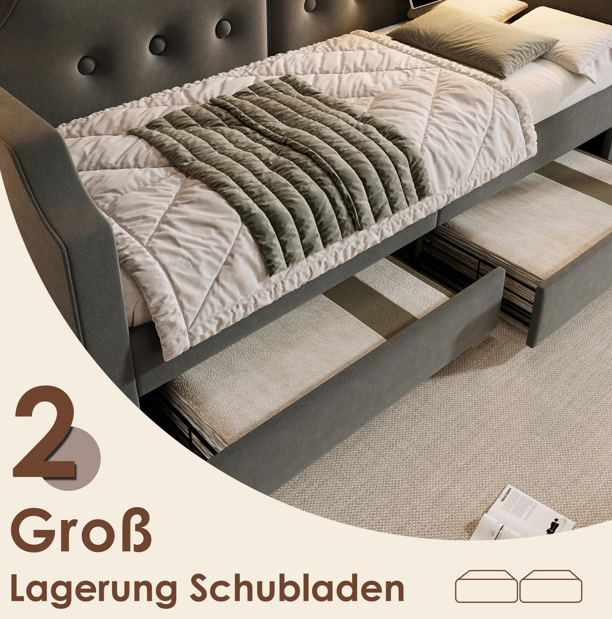 POLSTERBETT 90/200 cm mit 2 Schubladen, USB/Type-C & Leselicht, Samt Grau - Grau, Textil (90/200cm) - Redom