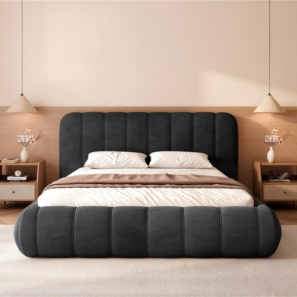 POLSTERBETT Gallo 140x200 cm Schwarz Chenille – (Doppelbett mit Bettkasten, Lattenrost, voluminöses Kopfteil) - Schwarz, Holz/Holzwerkstoff (140/200cm) - Ravio