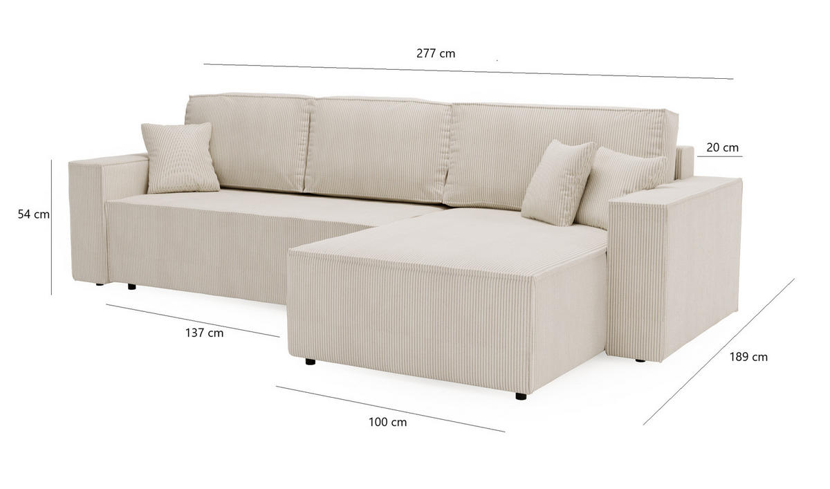 ECKSOFA Bergamo L mit Cordstoff, 280 cm, Schlaffunktion, Rechts - Grau - Grau, Holz (189/277cm) - Emporius