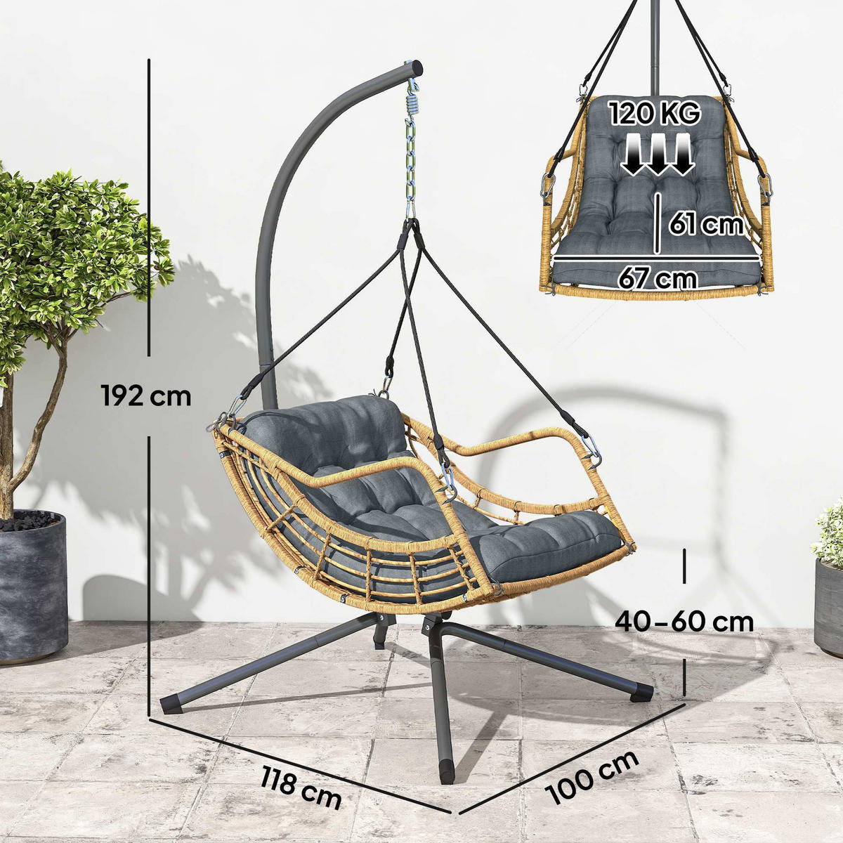 HÄNGESESSEL mit Gestell DE-13714 höhenverstellbar Grau - Dunkelgrau, Metall (100/192/118cm) - ComfortXL