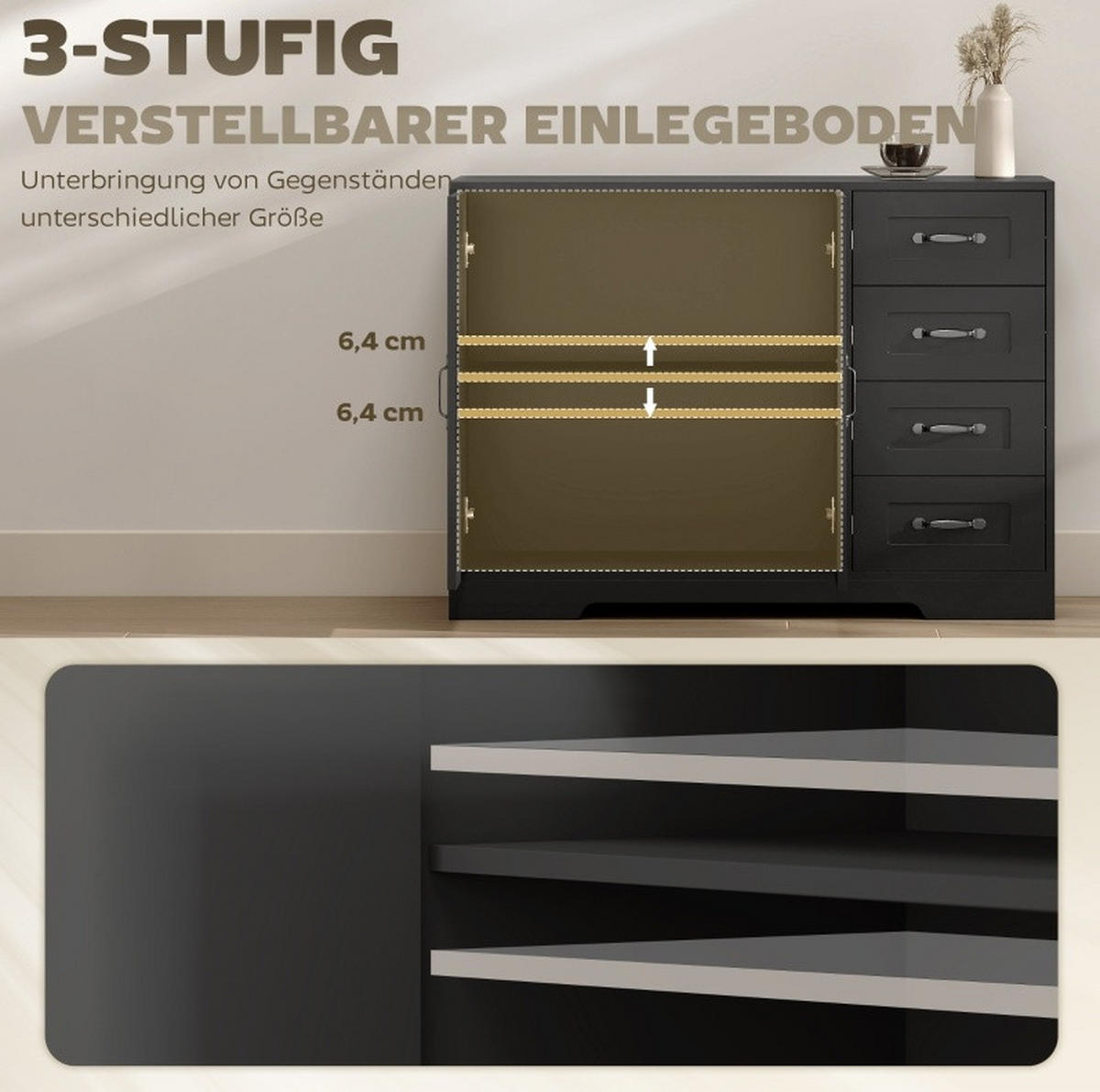 SIDEBOARD 105/40/76 cm mit 4 Schubladen & 1 Tür in Schwarz/Weiß - Schwarz, Holz (105/76/40cm) - BEAOK