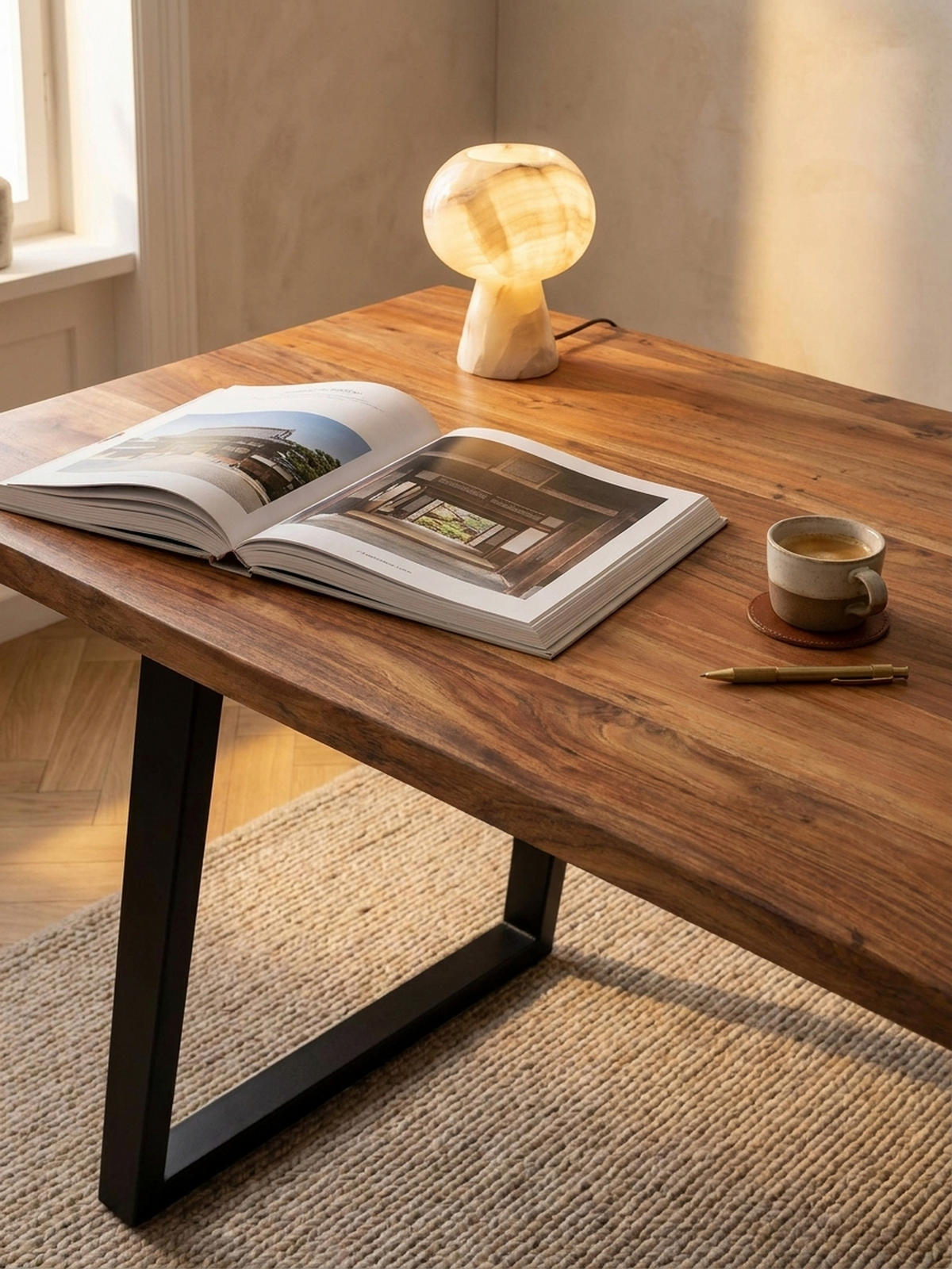 SCHREIBTISCH Massivholz Baumkante U-Gestell Handarbeit ATOLL, Goldbraun-Schwarz 140x80x76 cm - Schwarz/Braun, Holz/Metall (80/140/76cm) - KADIMA DESIGN