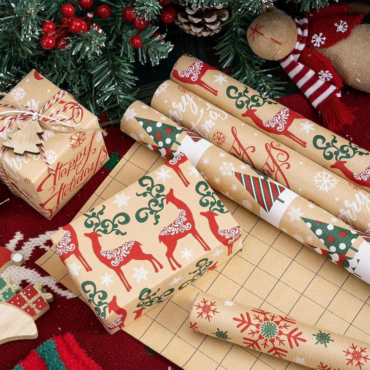 GESCHENKPAPIER 4 Rollen Kraftpapier Weihnachten 43,2 cm x 3 m - Multicolor, Papier (4/44/15cm)