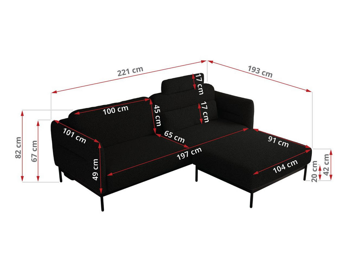 SCHLAFSOFA SALENTO Schwarz Boucle - Schwarz, Textil/Metall (221/82/193cm) - MKS