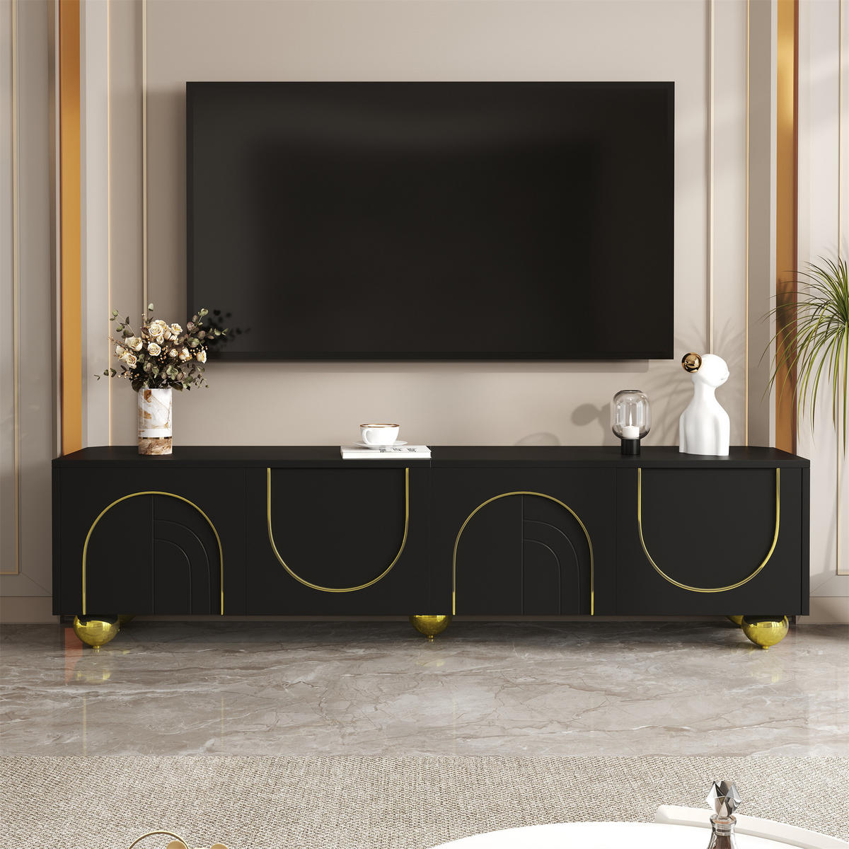 LOWBOARD in Schwarz und Gold TV-Schrank mit strukturierten Türen für Wohnzimmer, B170/T38/H44 cm - Goldfarben/Schwarz, Holzwerkstoff/Metall (170/44/38cm) - STILVORA