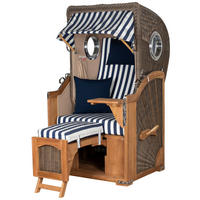 STRANDKORB Komplettset: Ammersee Single Teak Bullauge - PE grau - Modell 518 - Blau/Weiß, Holz/Kunststoff (96/165/80cm) - bene living