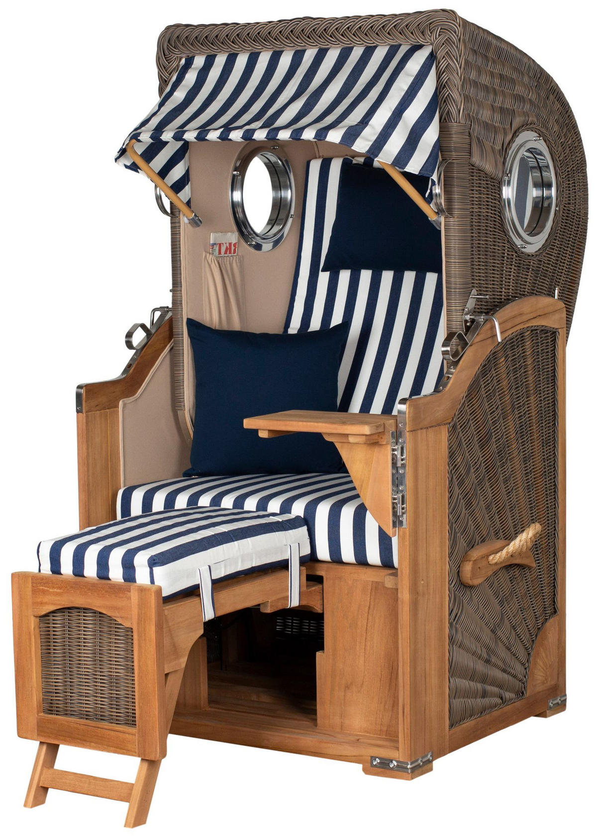 STRANDKORB Komplettset: Ammersee Single Teak Bullauge - PE grau - Modell 518 - Blau/Weiß, Holz/Kunststoff (96/165/80cm) - bene living