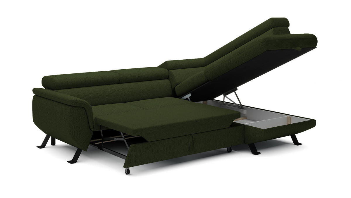ECKSOFA Raven L mit Schlaffunktion und Bettkasten, Freistehend, Polstersofa mit Verstellbaren Kopfstützen, 257x198x96 cm – Rechte, Dunkelgrün - Waldgrün, Holz/Textil (256/198cm) - DomoHome
