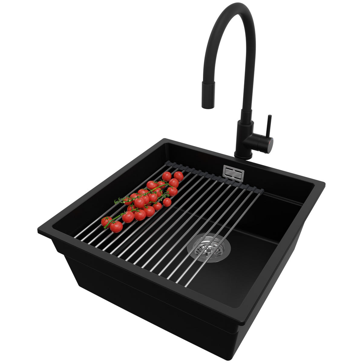 GRANITSPÜLE Praga Slim, 2-er set Schwarz 46/47 cm 1 Becken + Küchenarmatur 40/38 cm + Ablauf-Set + Aufrollbare Abtropffläche ab 50er Unterschrank - Chromfarben/Schwarz, Kunststoff (46/20/47cm) - Primagran