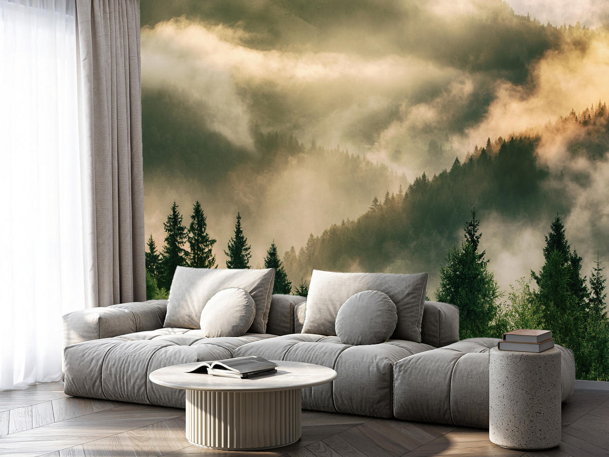 FOTOTAPETE für Wohnzimmer Neblige Landschaft Bergwald Nadelbäume 400x280 - Gelb/Orange, Papier (400/280cm) - Muralo