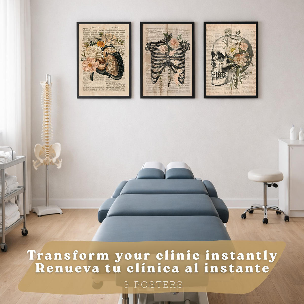 POSTER Set aus 3 Anatomie Mensch Drucke und Wandbilder mit Leber Rippen und Schädel Retro Floraler Stil Wanddekoration Größe Schwarzer Rahmen A4 - Schwarz, Papier (21/29.7/3cm) - Nacnic