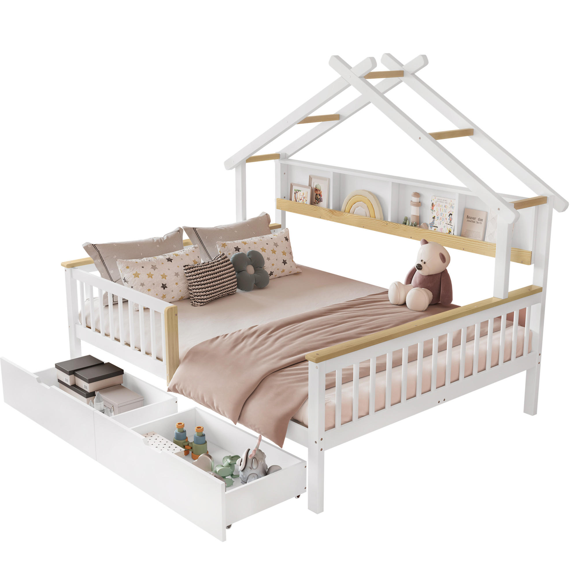 KINDERBETT 140/200 cm Weiß/Natur mit Dach, Fallschutz und 2 Schubladen - Weiß, Holz (140/200cm) - MIVRAY
