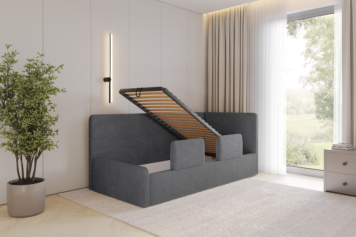 EINZELLBETT Jugendbett mit Bettkasten, Links - NORY 80x200 Dunkelgrau - Graphitfarben, Holzwerkstoff/Textil (80/200cm) - ALTDECOR