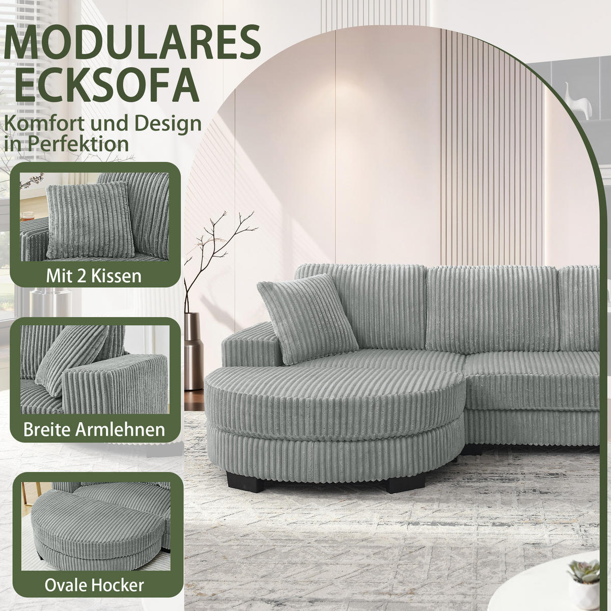 ECKSOFA 256.5/133.5/89 cm Grau Cord mit 2 Kissen und ovaler Fußhocker - Grau, Textil (133.5/89/256.5cm) - Oxeza
