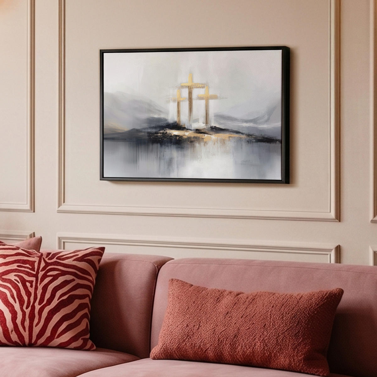 LEINWAND Bilder mit Rahmen - Abstrakt - Malerei - Christentum - Kreuz - 60x40 - Weiß, Textil (60/40cm) - MuchoWow