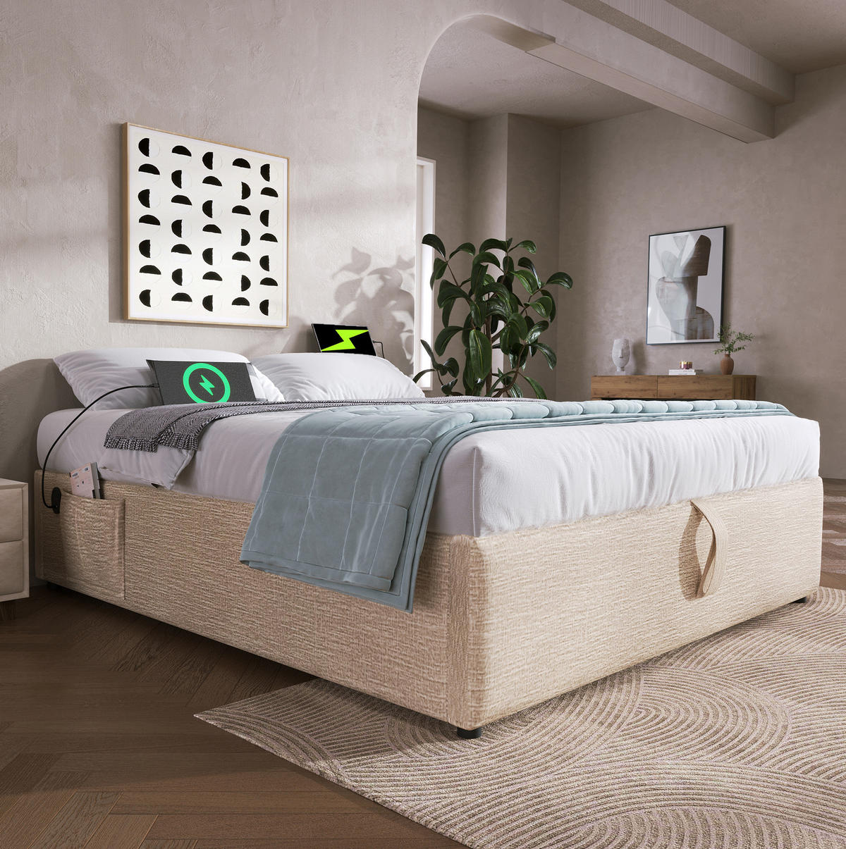 BETT mit Stauraum und USB/Type-C 160x200 cm Leinen Beige Natur - Beige, Metall (160/200cm) - Meubliv
