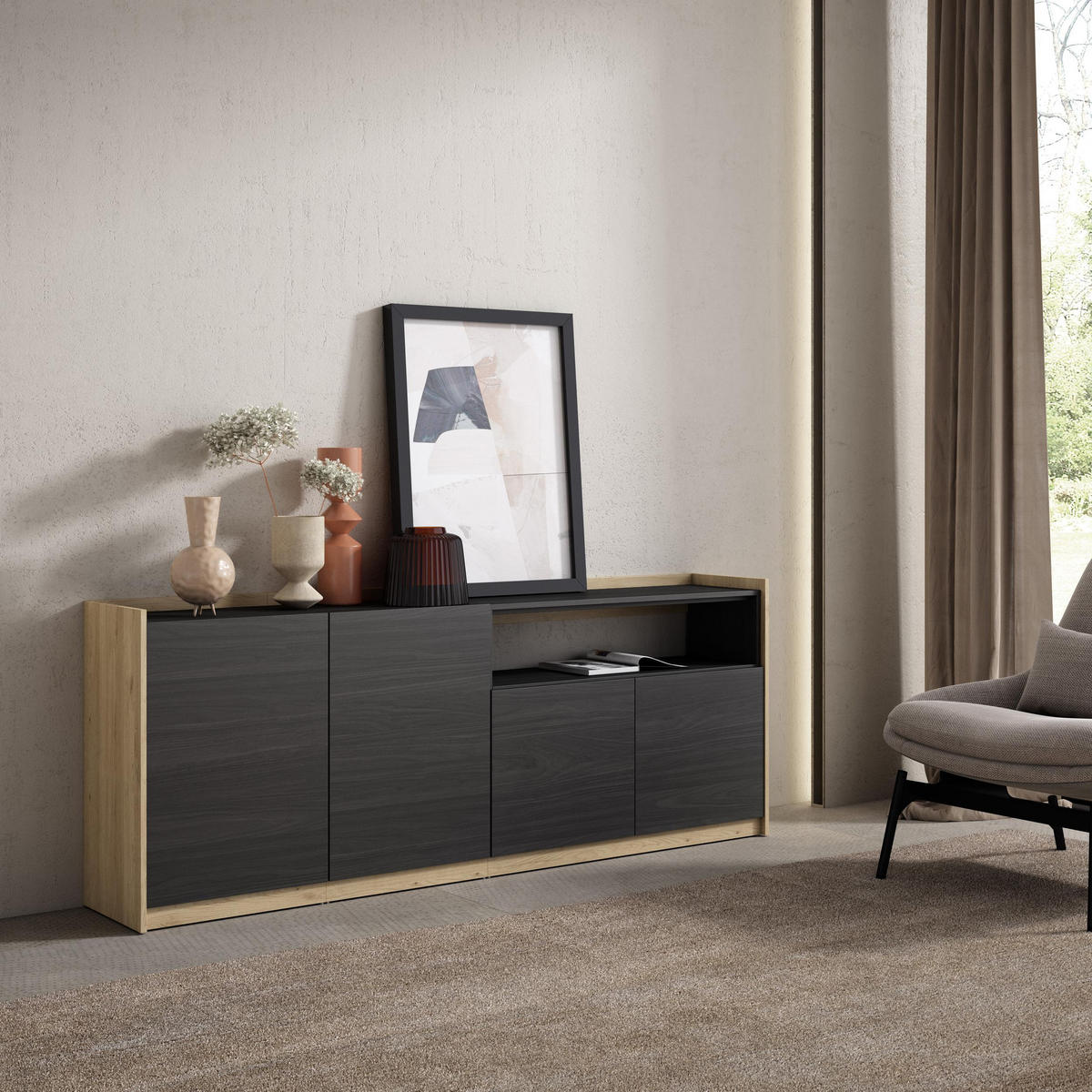 SIDEBOARD, Highboard, Schwarz Eiche, 207/37/80cm - Schwarz, Holzwerkstoff (207/80/37cm) - Skraut Home