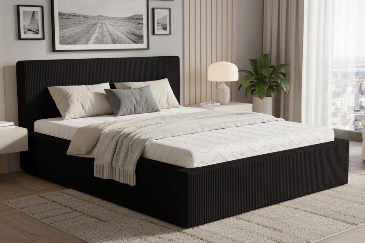 POLSTERBETT LOCCA 180/200 in Cord Schwarz - Schwarz, Holz/Holzwerkstoff (180/200cm) - Deine Möbel 24