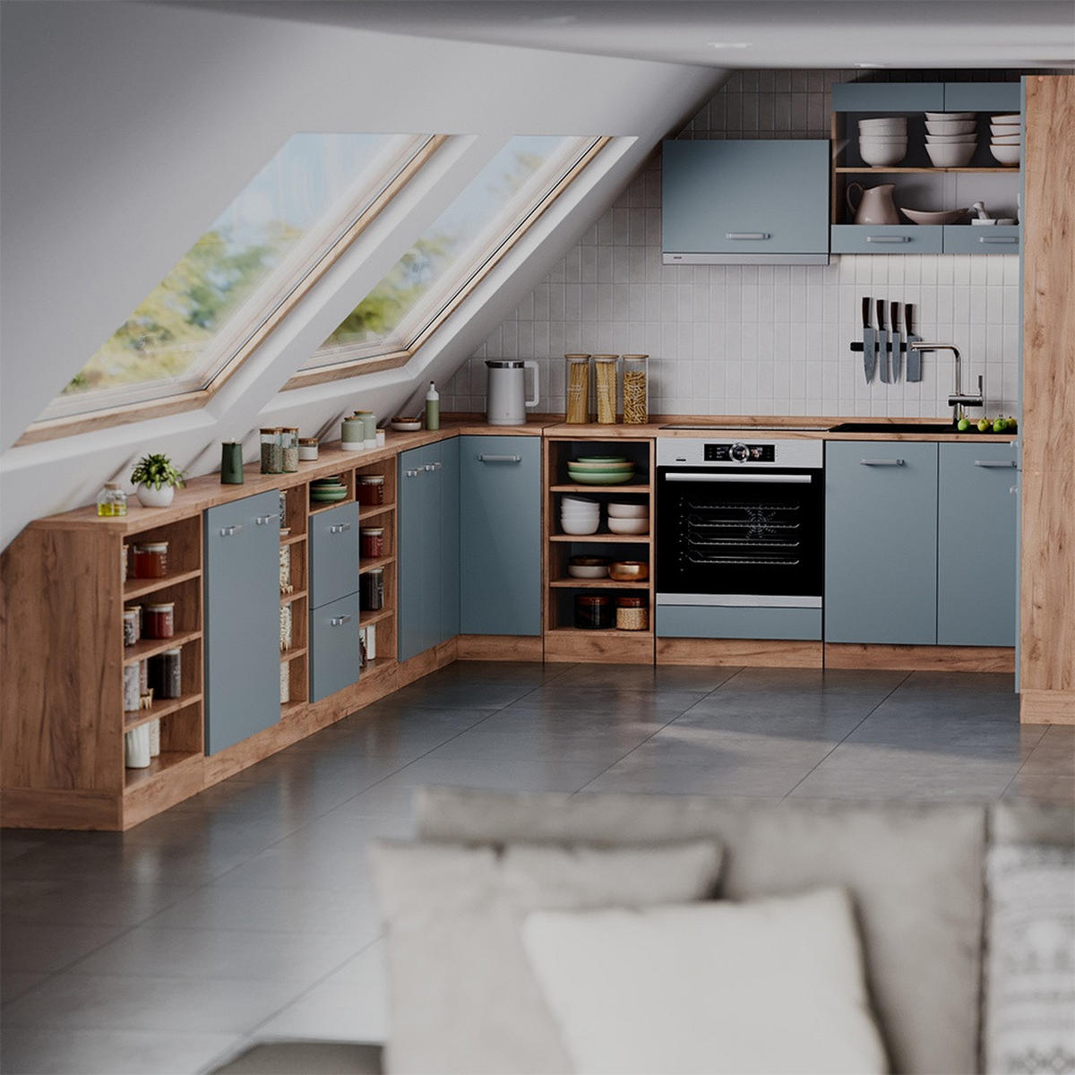 KÜCHENSCHRANK FÜR DACHSCHRÄGEN R-Line Blau-Grau 80 cm mit 2 Türen, Schrankkorpus 60 cm Tiefe - Honigeiche/Blaugrau, Holzwerkstoff (80/83.8/60cm) - Vicco