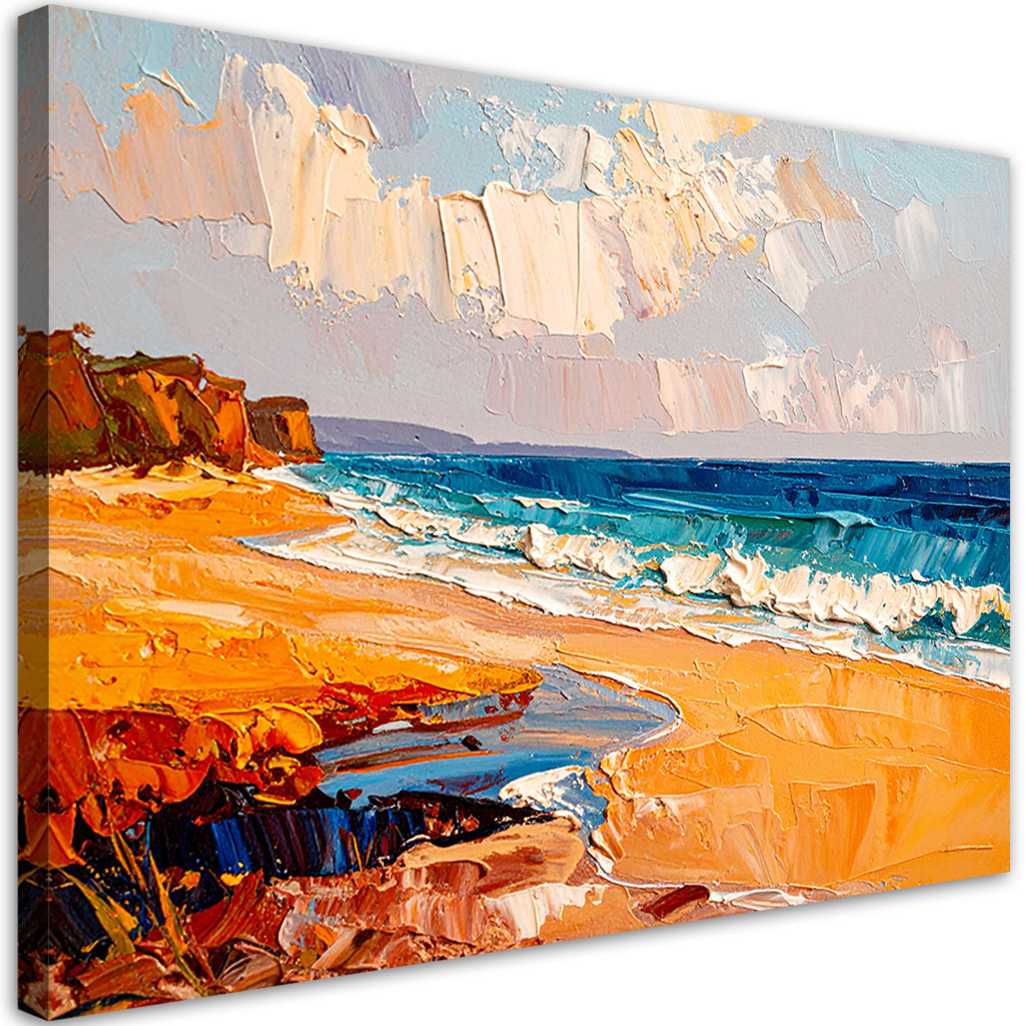 LEINWANDBILD Strand Meer Landschaft wie gemalt 90x60cm - Orange, Textil (90/60cm) - Feeby
