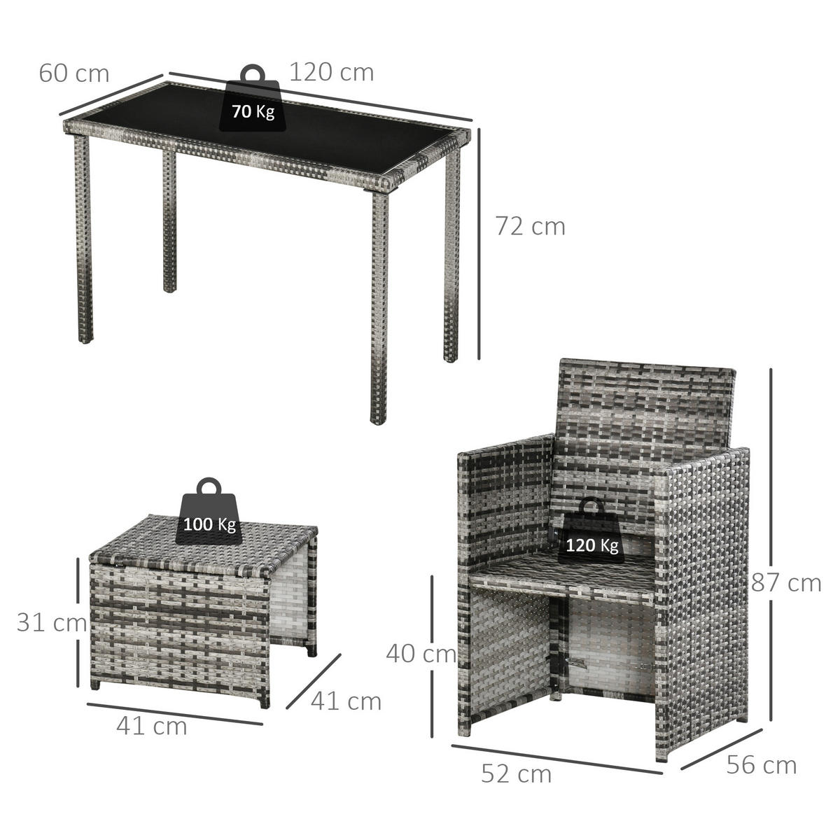 GARTENSET Garnitur 5 tlg. mit Kissen, Grau - Grau, Kunststoff - Outsunny