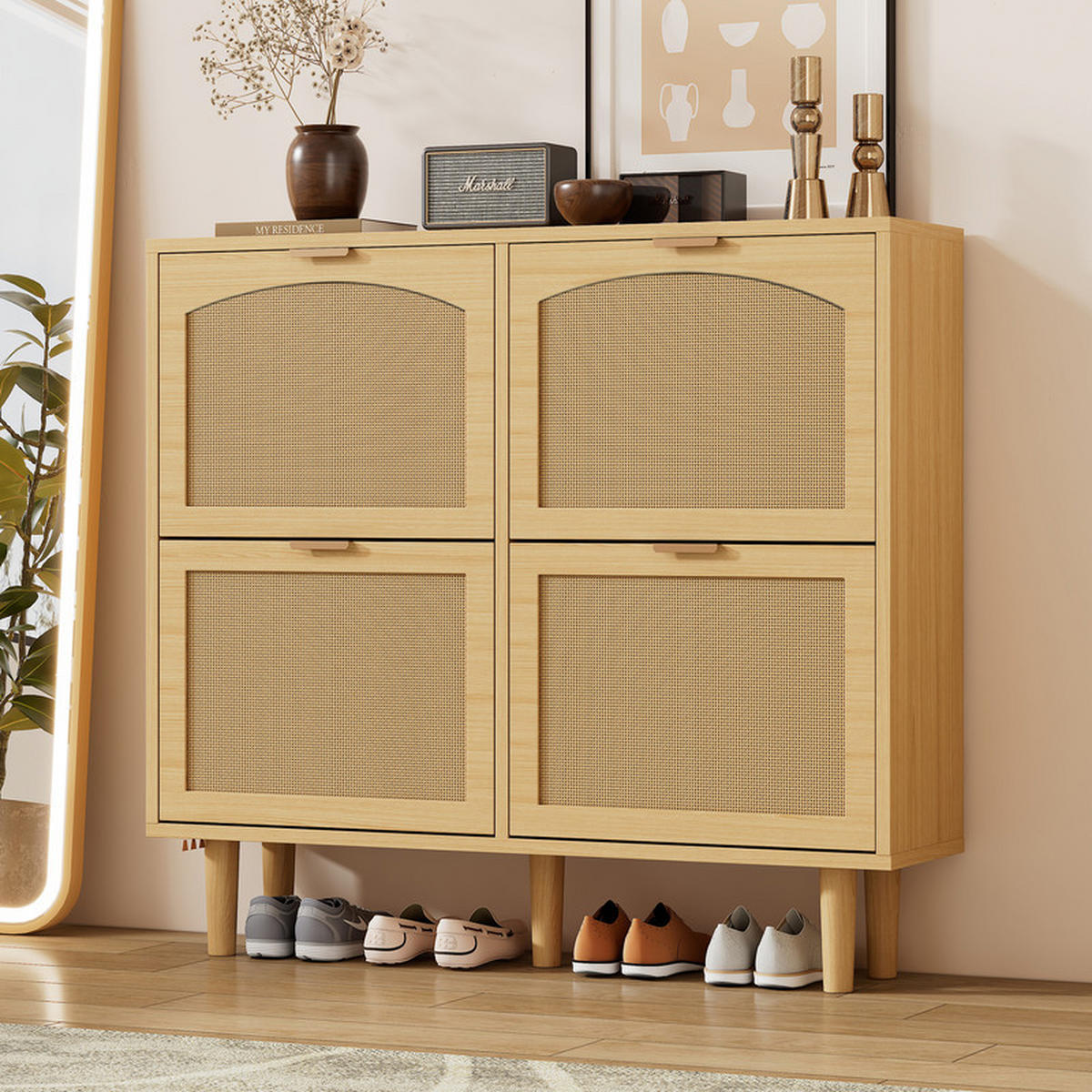 SCHUHSCHRANK Rattan mit 4 Klappschubladen und Metallgriffen 100x25x90 cm - Braun, Holzwerkstoff (25/90.3/100cm) - Moorle