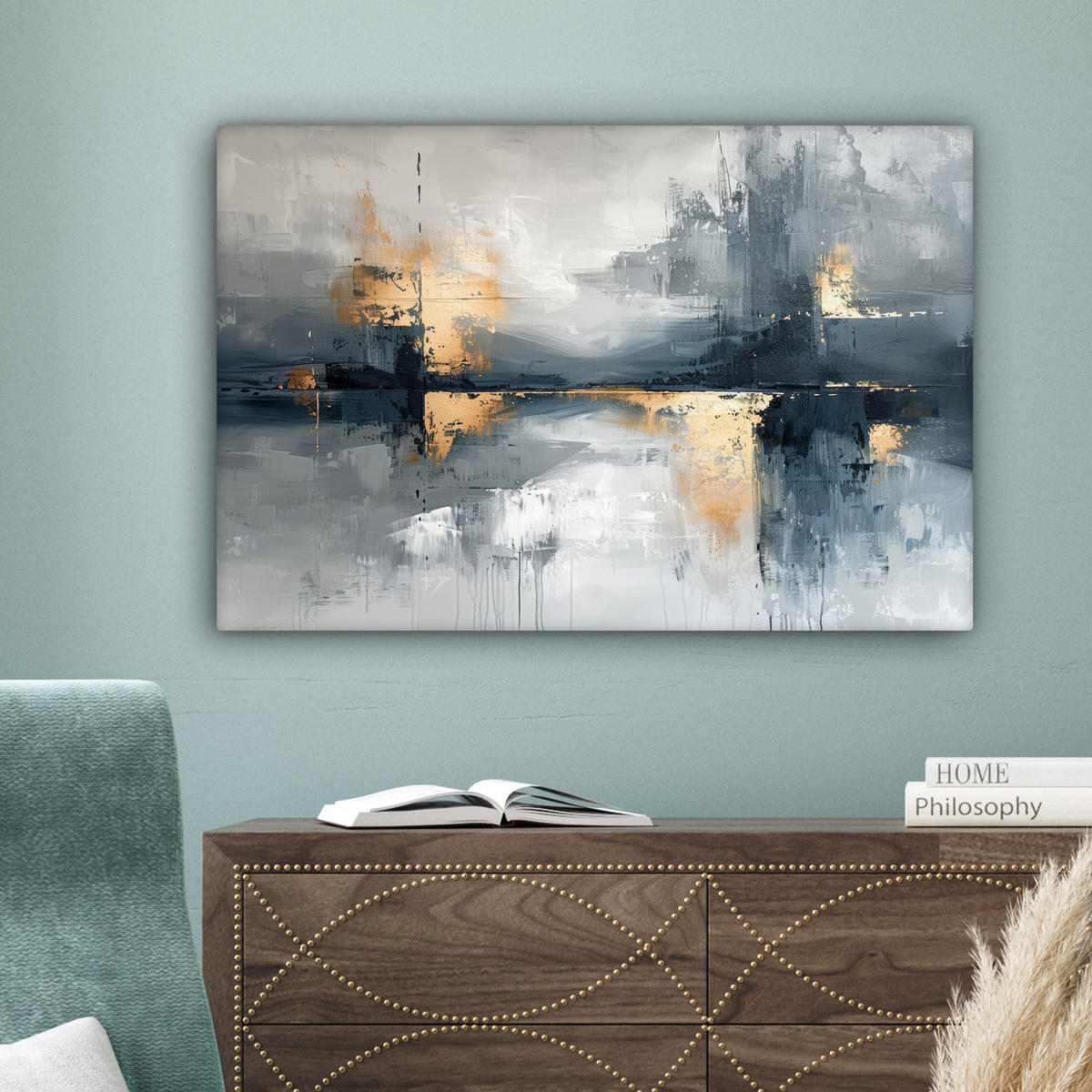 LEINWANDBILD Kunst - Grau - Gold - Abstrakt Gemälde 60x40 cm - Dunkelgrau, Textil (60/40cm) - MuchoWow