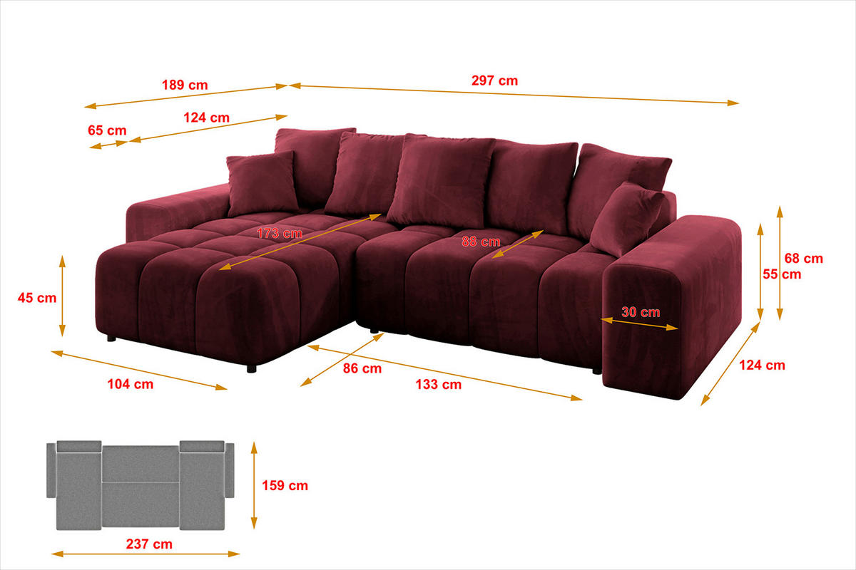 ECKSOFA Ottomane links/rechts ENIL-L 297x189x68 Bordeaux Velours - Bordeaux, Holzwerkstoff/Kunststoff (297/189cm) - ALTDECOR