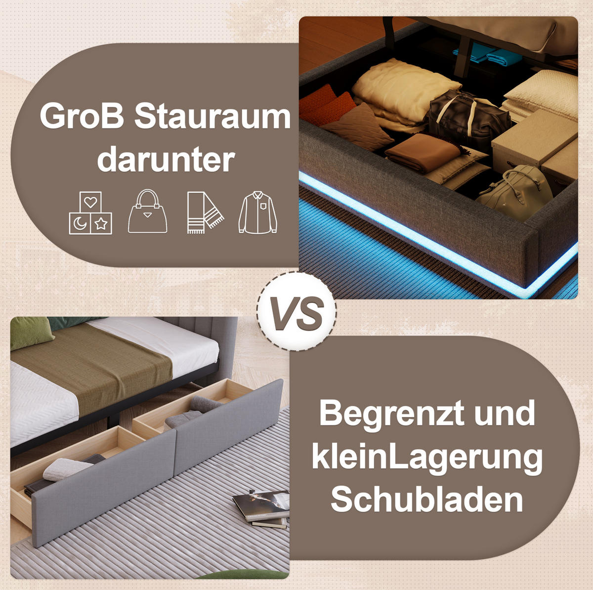 ČALÚNENÁ posteľ z ľanu 140x200 cm sivá s LED osvetlením, hydraulickým úložným priestorom a USB+USB-C - sivá, textil (140/200cm) - Modfu