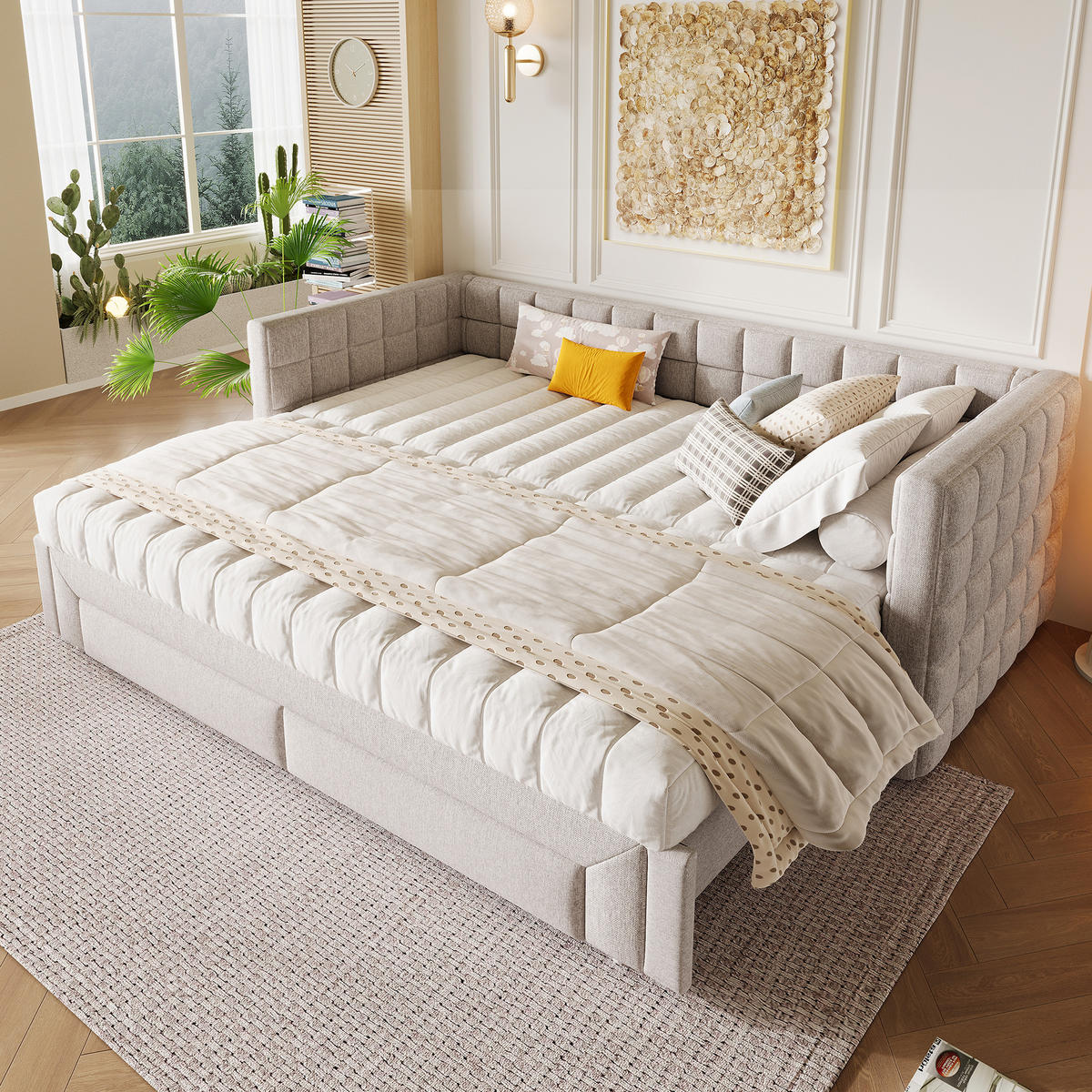 TAGEBETT 90x200cm Beige quadratische Rückenlehne Ausziehbett 2 Schubladen - Beige, Holz (90/200cm) - FLIEKS