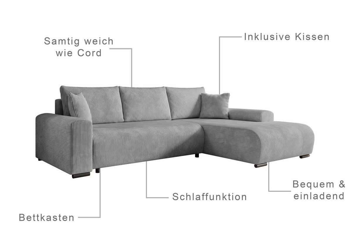 ECKSOFA Nelly mit Bettkasten und Schlaffunktion, Cordstoff in L-Form - Grau, Textil (270/185cm)