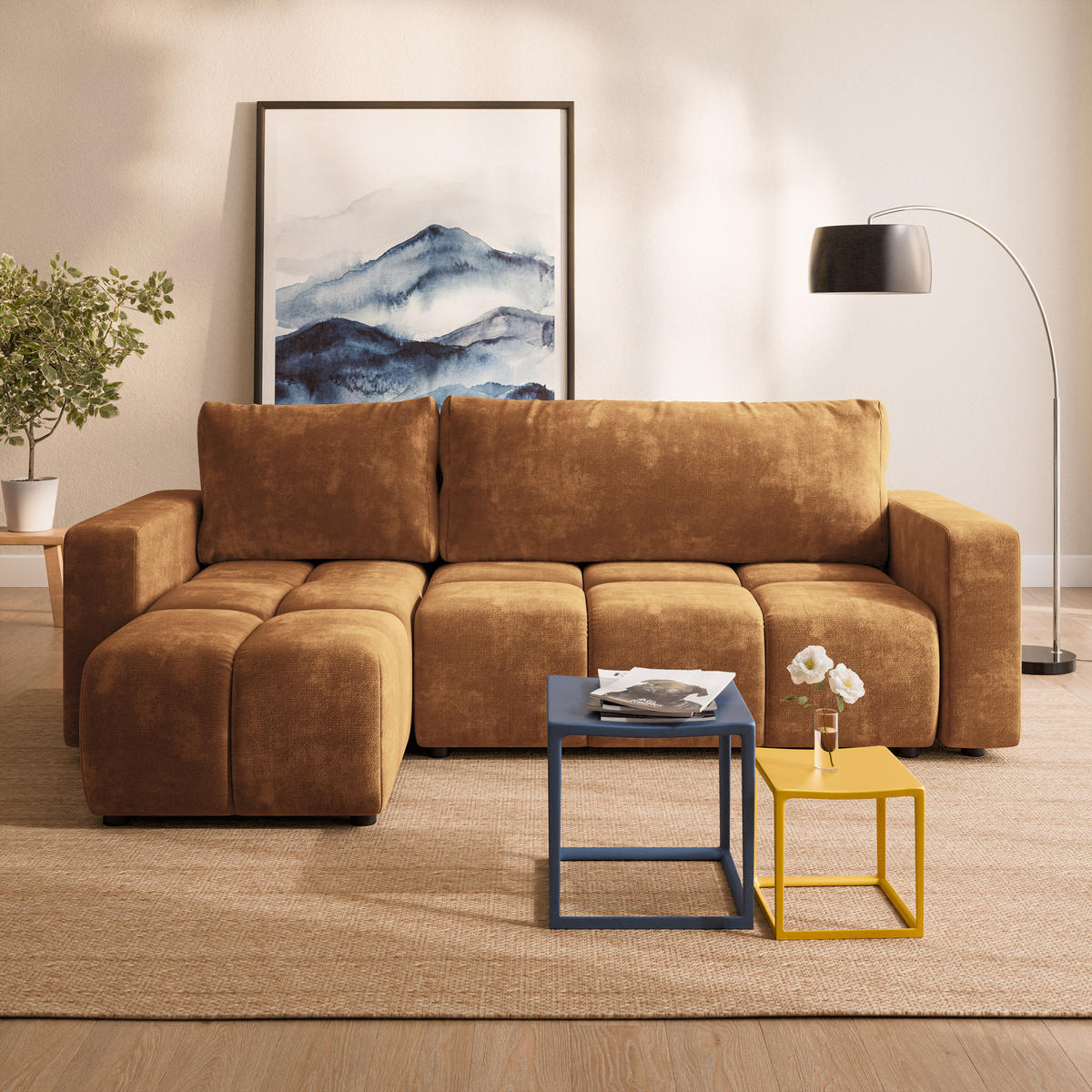 ECKSOFA RAMIL Hellbraun Chenille mit Schlaffunktion - Hellbraun, Holz (240/149cm) - MASSENO