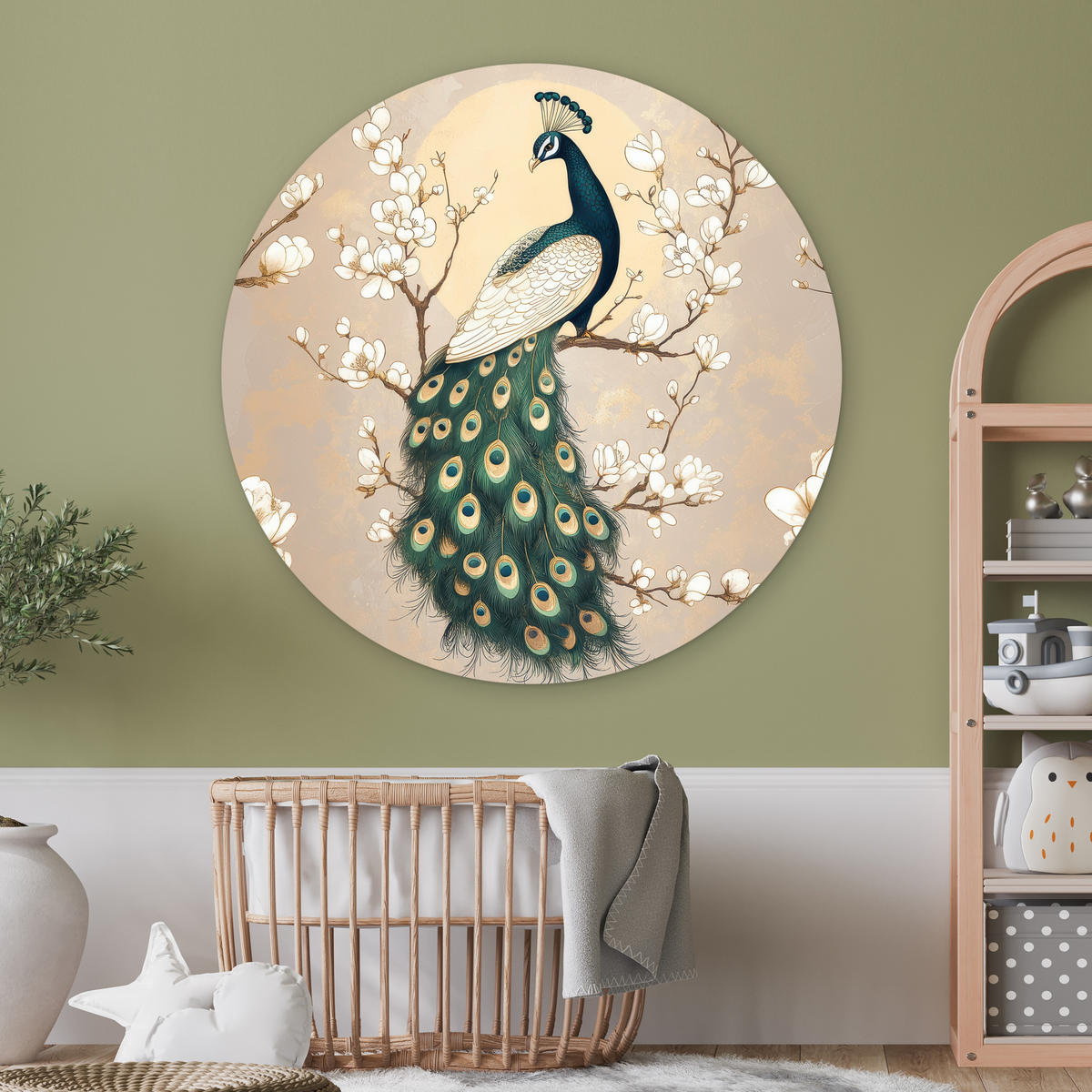 WANDBILD Pfau - Zweig - Blumen 120x120 cm - Champagner, Kunststoff (120/120cm) - MuchoWow