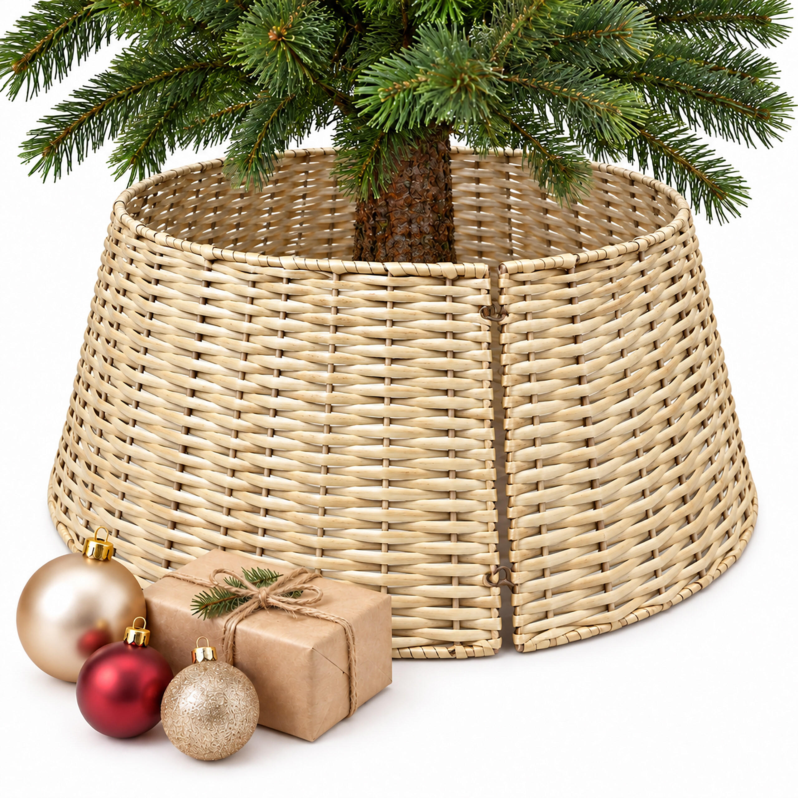 WEIHNACHTSBAUMROCK Natur 3-tlg. Weidengeflecht 60 cm - Hellbraun, Holz (26cm) - Relaxdays