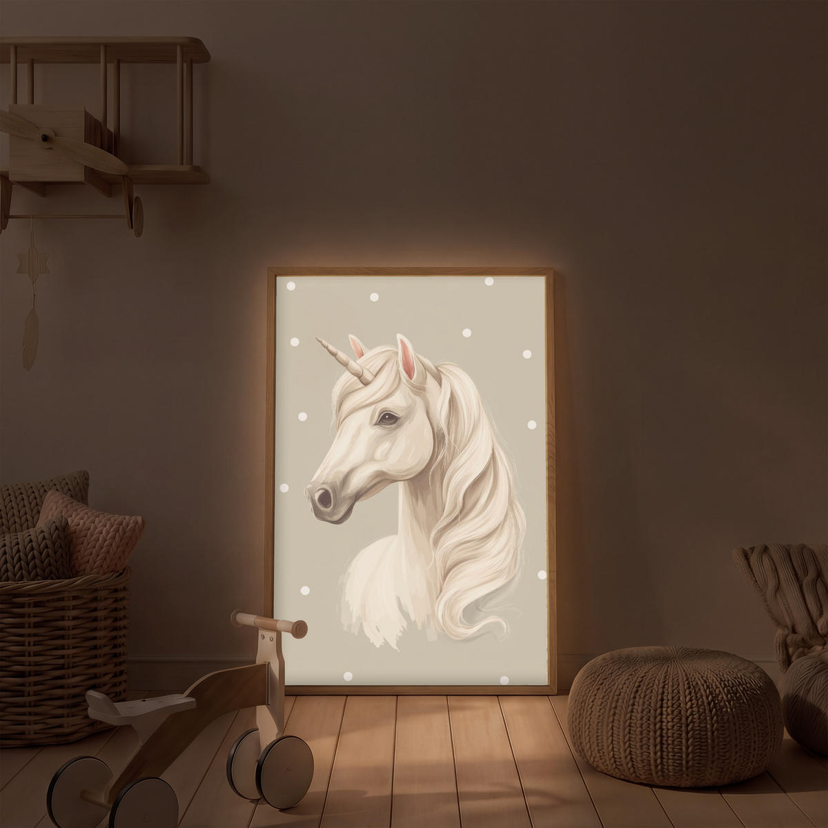 NÁSTĚNNÁ LAMPA S AKUMULÁTOREM Jednorožec - bílý - tečky 60x90 cm - šedohnědá, kompozitní dřevo (60/90/8cm) - OnlyWow